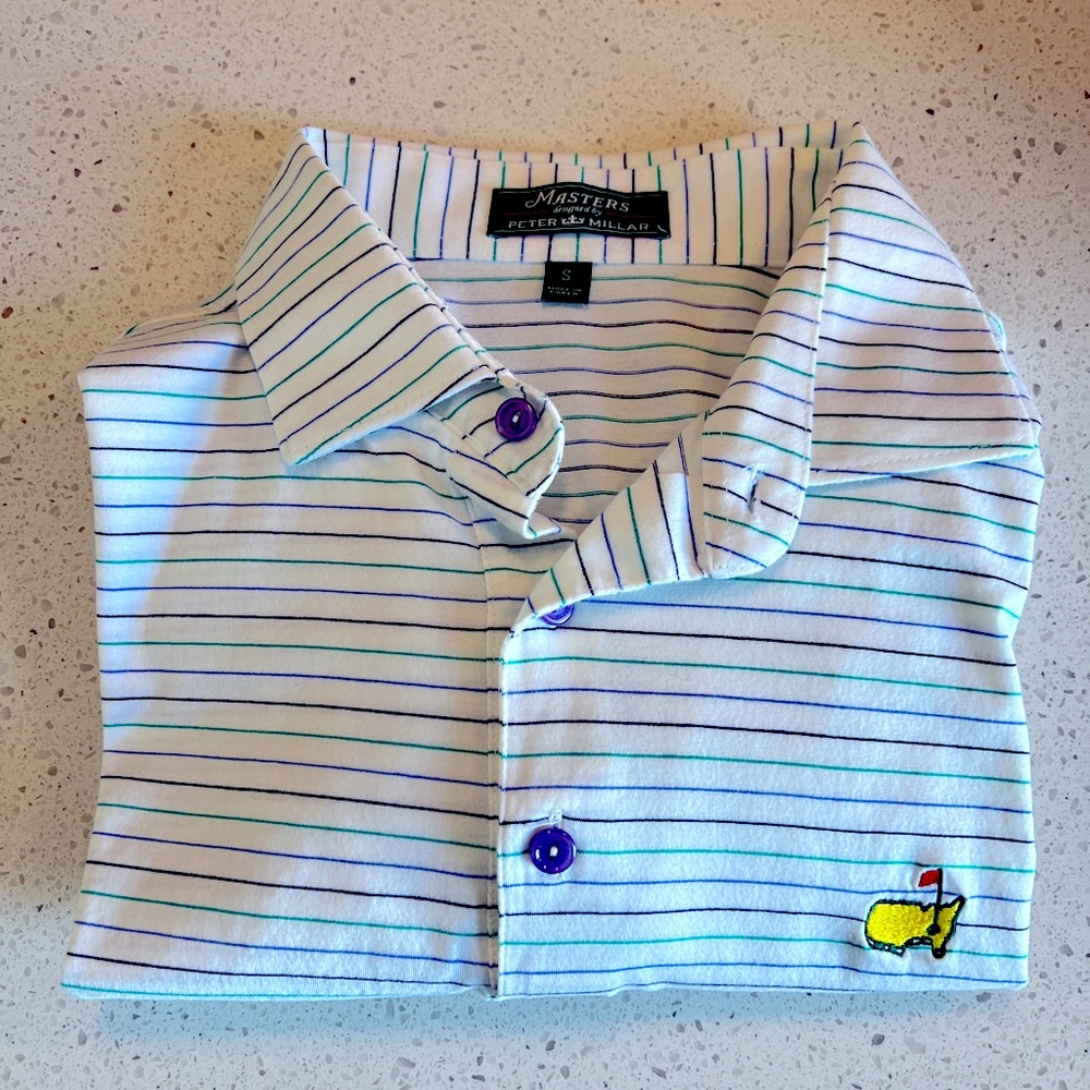 Medium Men’s Master’s Polo white w/ purple and green